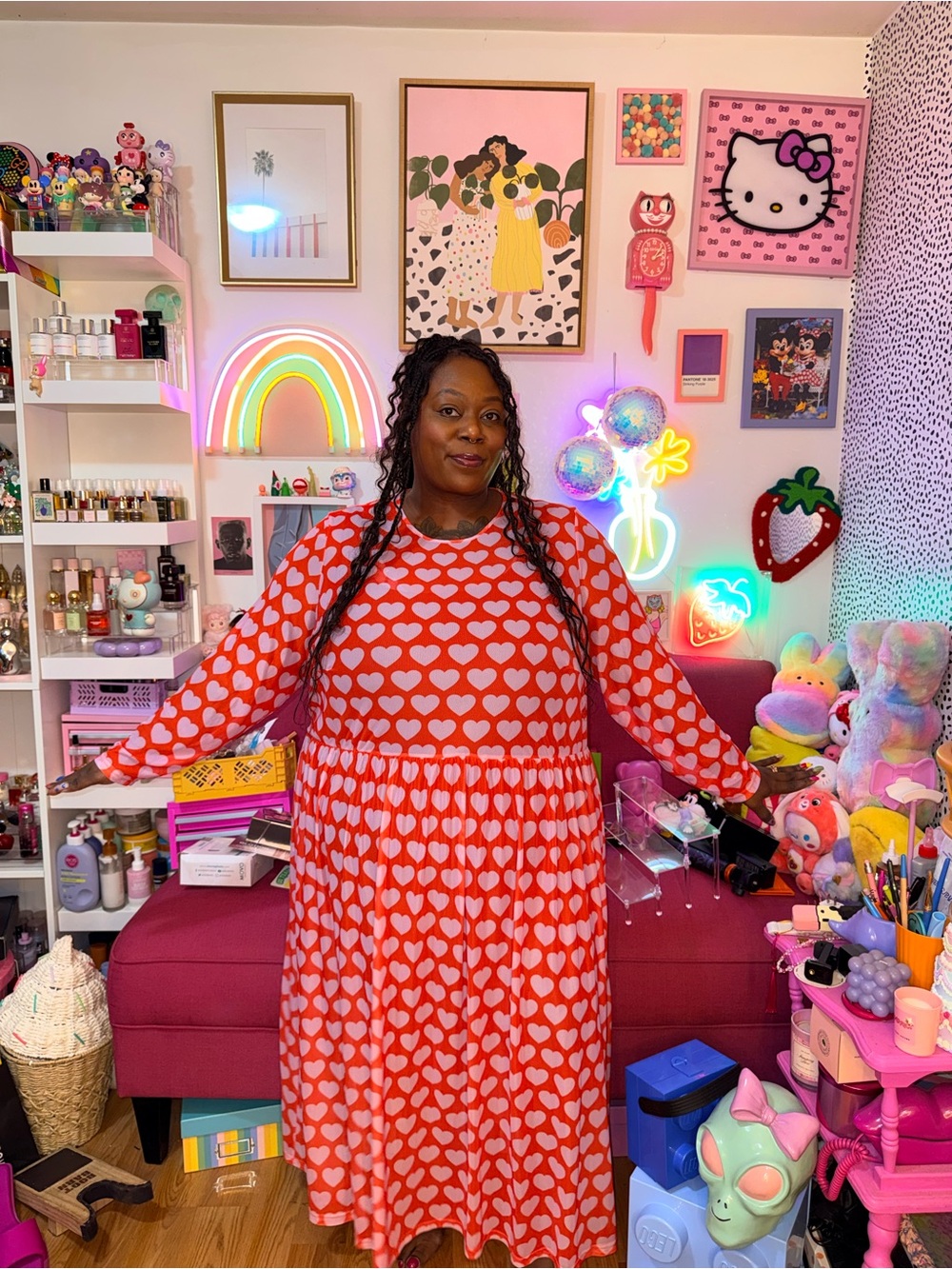 Red Heart-Print Midi Dress - Women's Long Sleeve